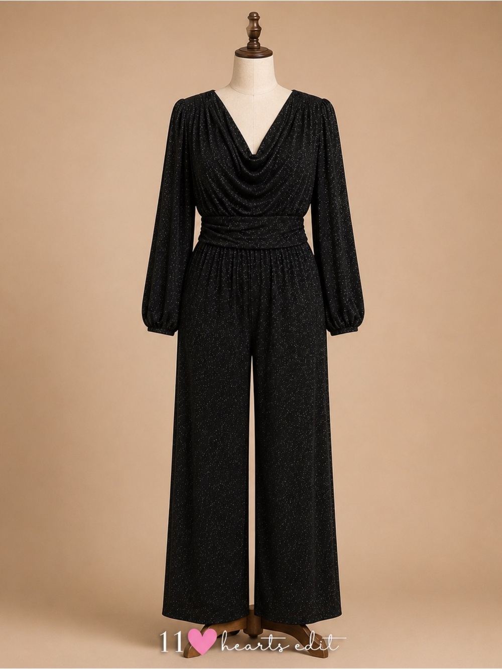 Kiyonna Black Glitter Knit Cowl Neck Wide Leg Jumpsuit 1X Plus Size NWT Lined